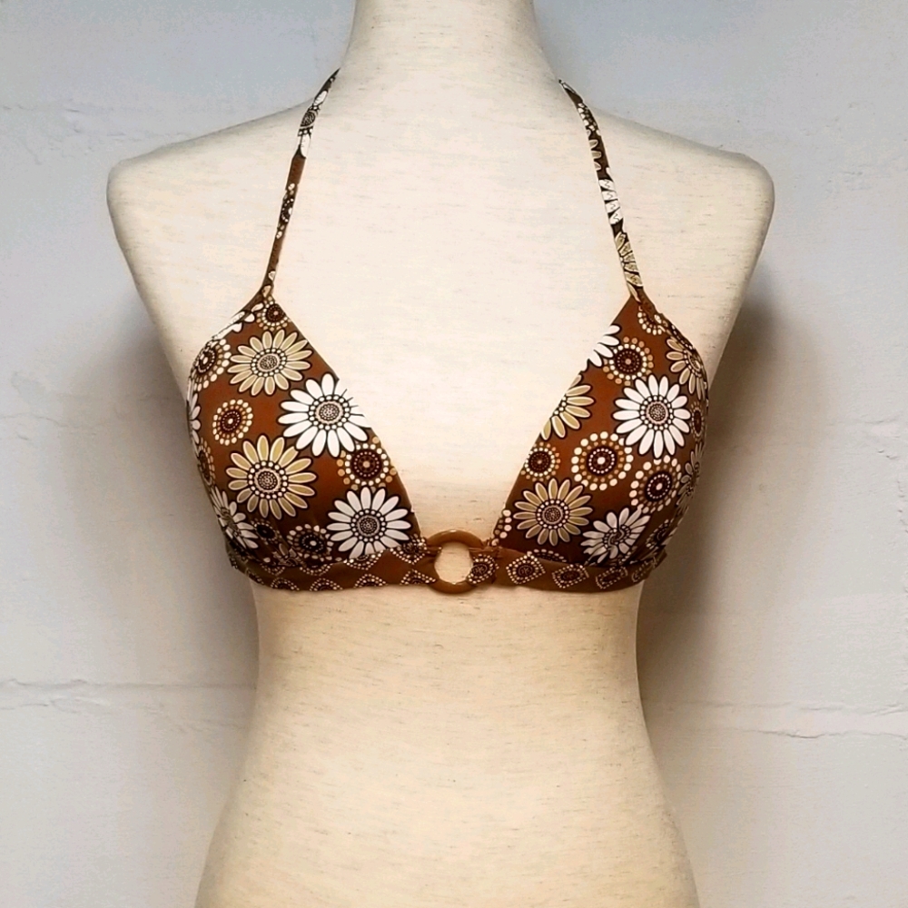 Retro brown white floral halter bikini top medium